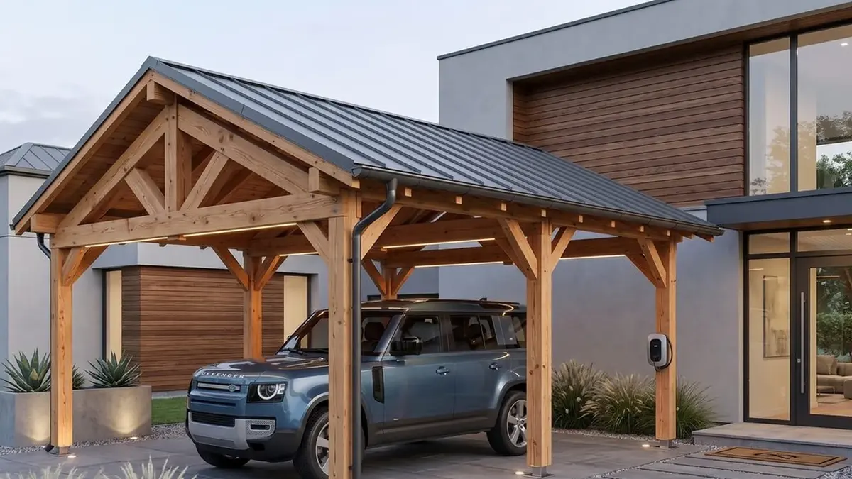 Carport bois deux places à charpente traditionnelle apparente, couverture bac acier anthracite, devant une maison contemporaine