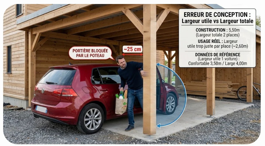 Voiture garée sous un carport bois deux places : la portière ouverte bute contre le poteau, il ne reste que 25 cm pour sortir. Largeur totale 5,50 m mais largeur utile de 2,60 m par place seulement.