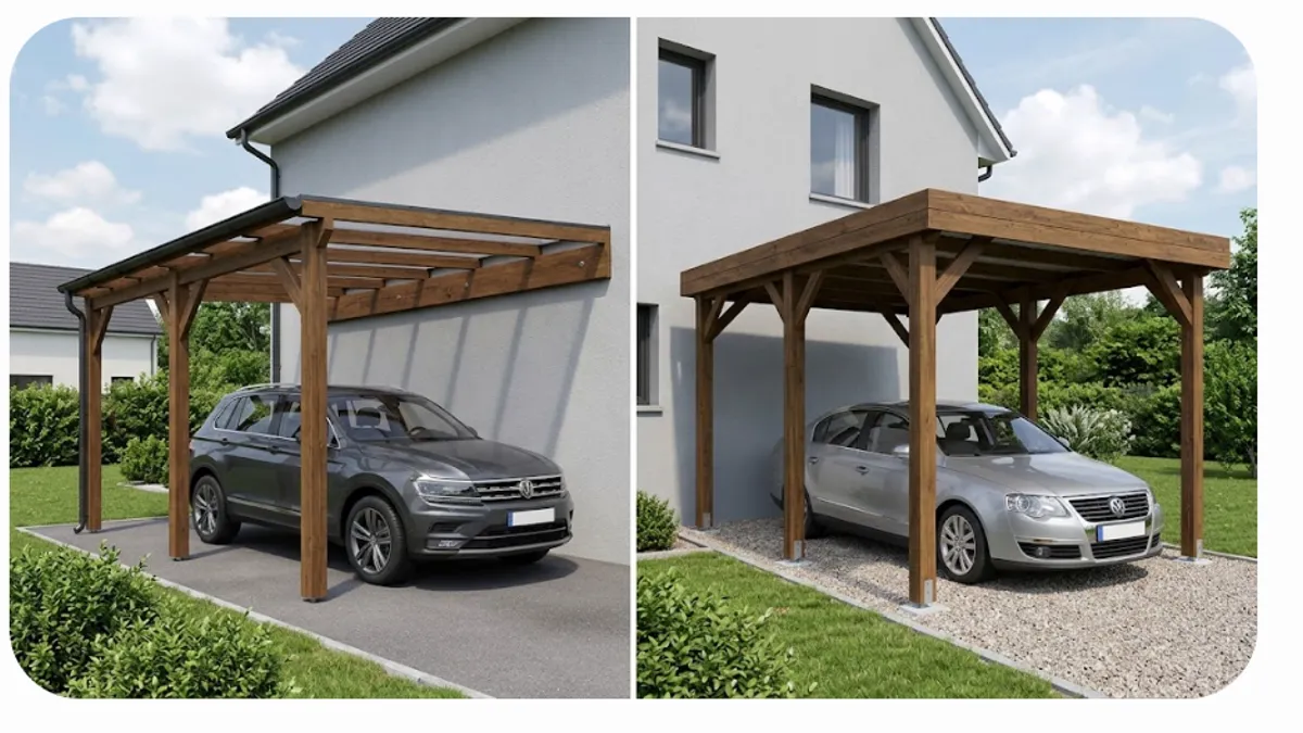 Carport adossé à une façade et carport autoporté sur quatre poteaux