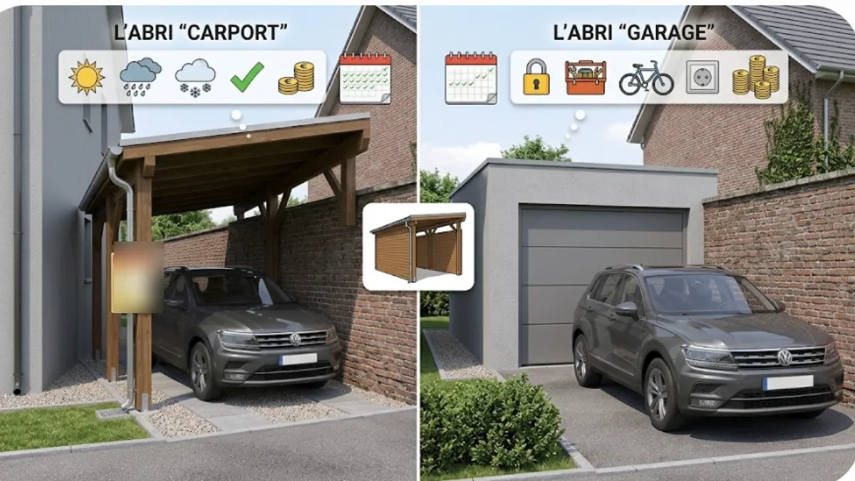 Comparaison d'un carport ouvert et d'un garage fermé, même véhicule