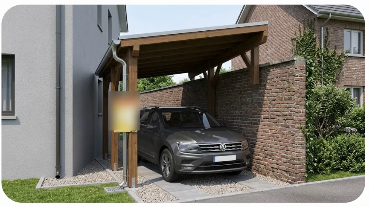 Carport bois implanté entre une maison et le mur de la propriété voisine