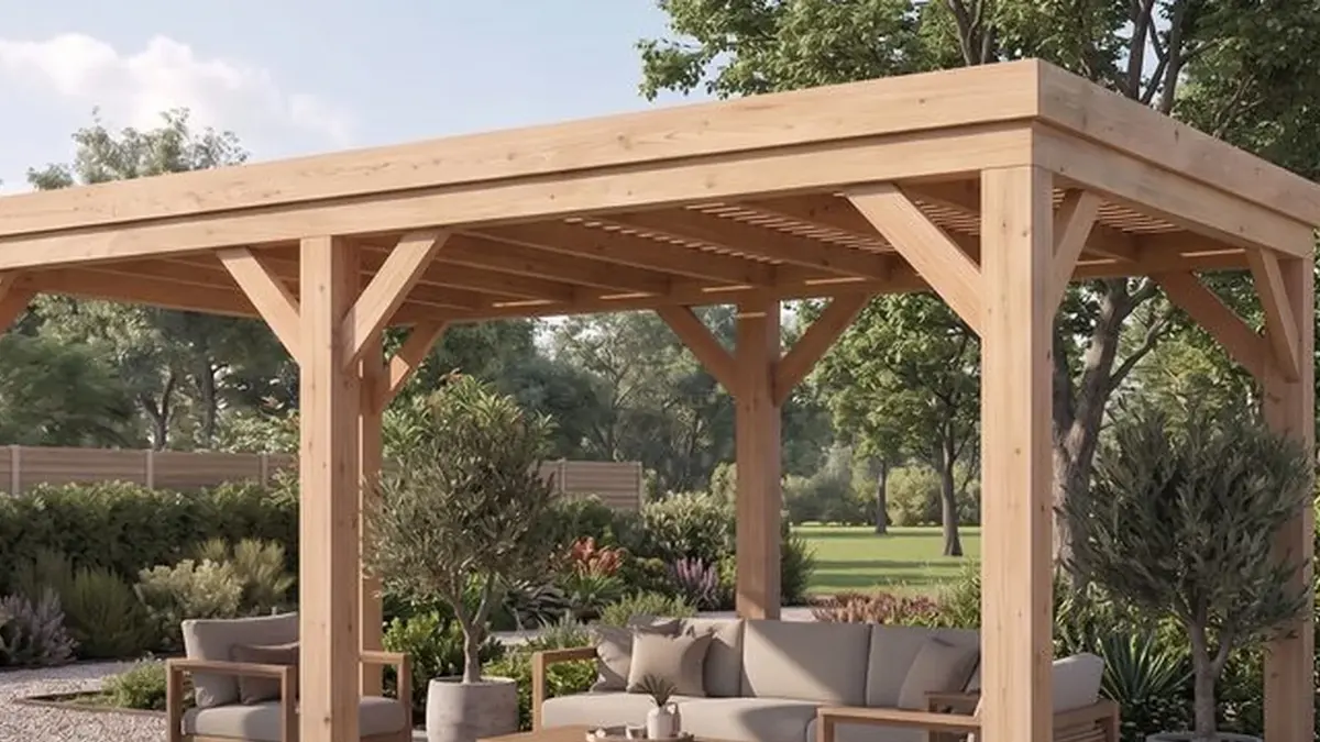 Pergola en bois à lames, terrasse aménagée, ombre portée des lames sur le sol