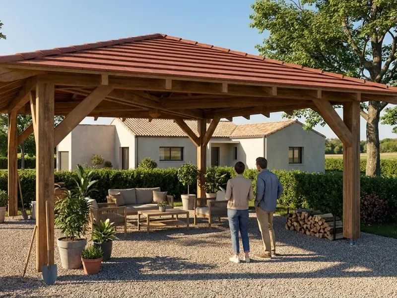 Charpente bois d’un abri 4 pans à toit en pavillon : quatre arêtiers vers le poinçon central, quatre poteaux d’angle