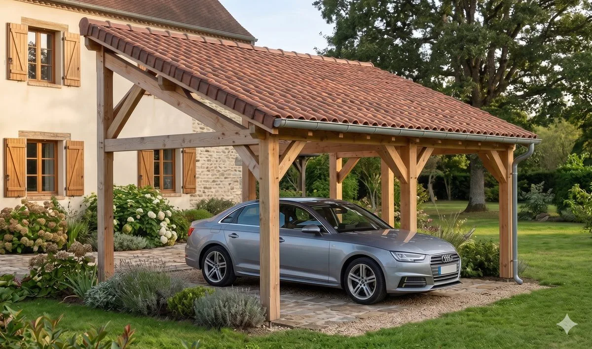 Appenti bois monopente servant de carport et d’abri