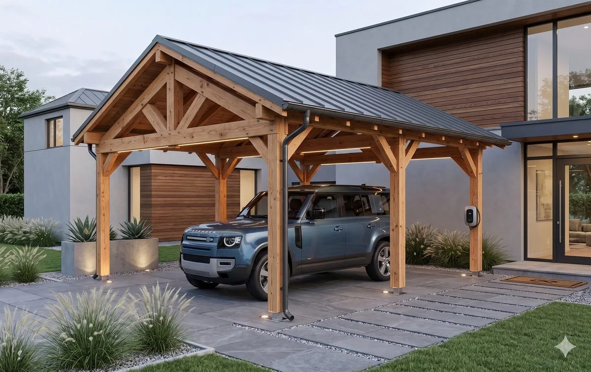 Carport bois bi-pente à deux voitures, charpente en bois massif