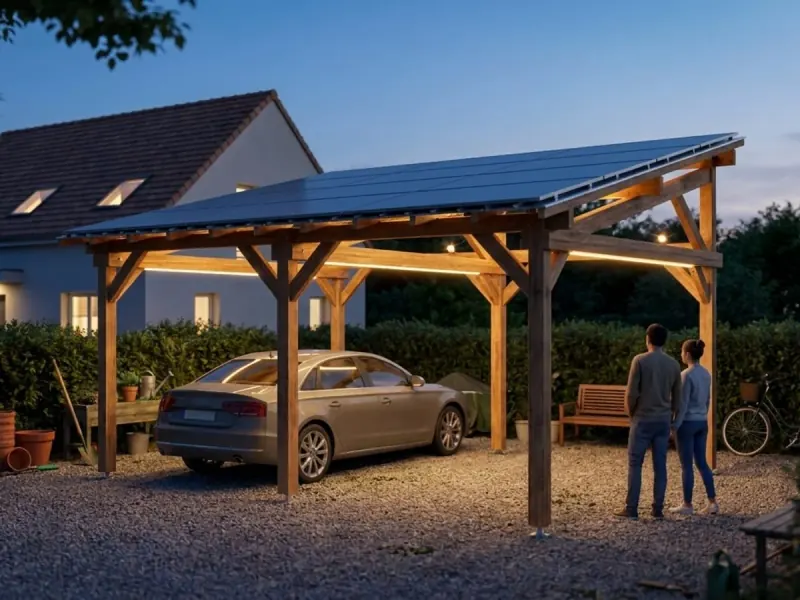 Carport solaire en bois à la tombée du jour, toit couvert de panneaux photovoltaïques, une voiture garée dessous