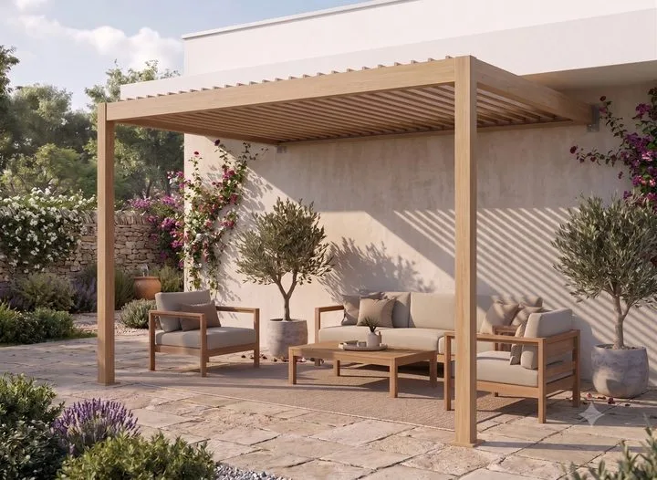 Pergola bois adossée à une maison, au-dessus d’une terrasse