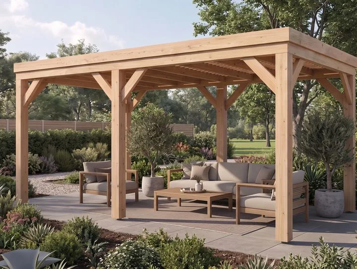 Pergola bois à lames au-dessus d’une terrasse