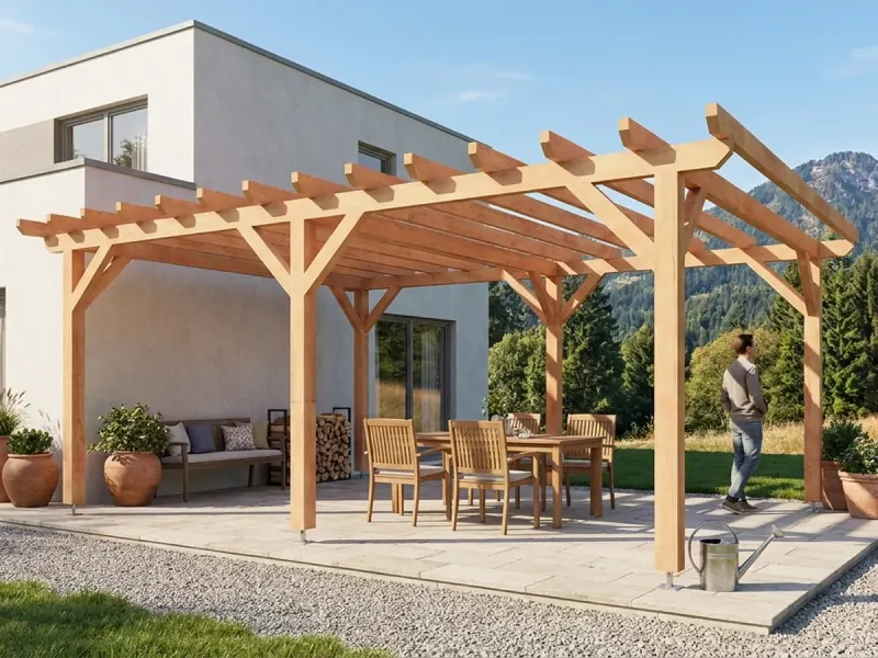 Pergola bois traditionnelle : solives posées sur deux porteuses en tête de poteaux, abouts chanfreinés, toit plat ouvert